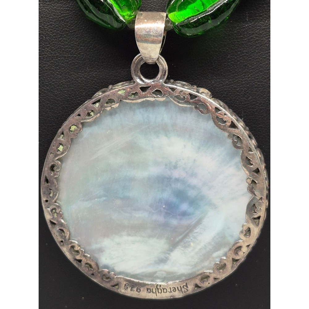 JTV Necklace Woman Green Glass Mother of Pearl Sterling Silver Quartz Statement - Picture 6 of 16